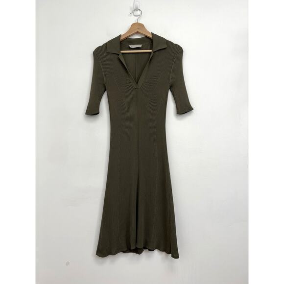 Everlane The Knit Polo Dress Collared Ribbed Short-Sleeve Midi Olive - Small - Picture 12 of 13